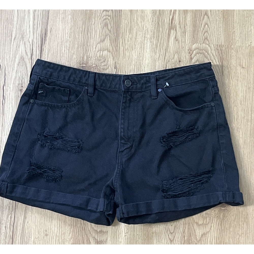 KanCan Shorts Women's XL‎ Black Denim Cuffed Hem 100% Cotton Distressed Casual